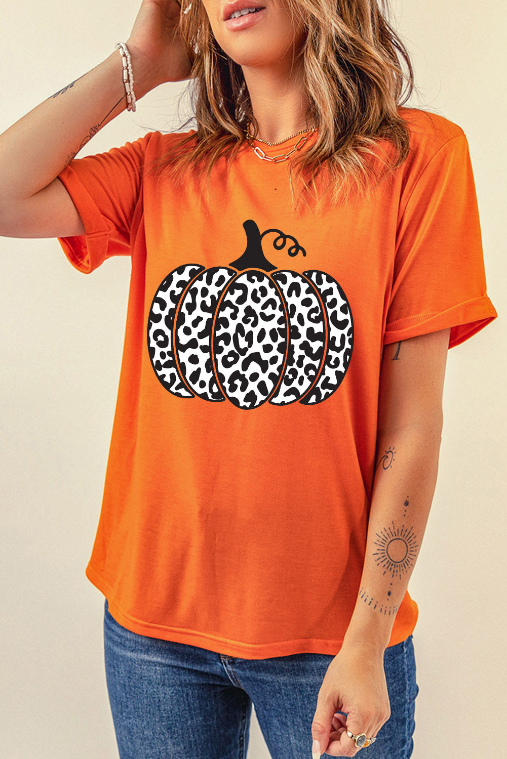 Orange Leopard Pumpkin Round Neck Graphic Tee