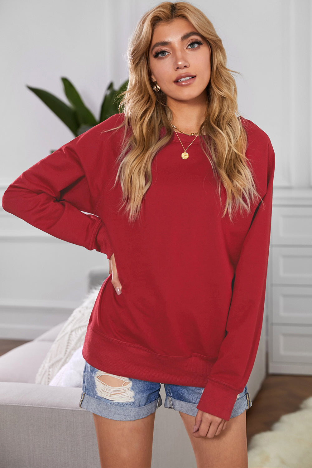 Red Plain Solid Crew Neck Basic Pullover Sweatshirt