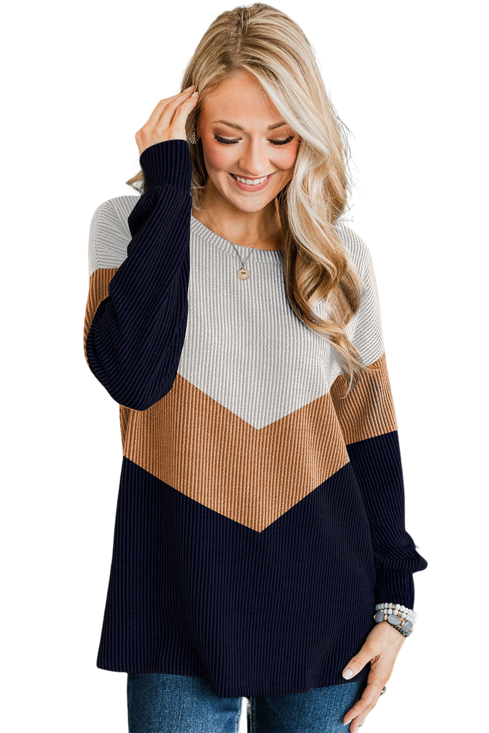Navy Blue Color Block Corded Tunic Long Sleeve Top