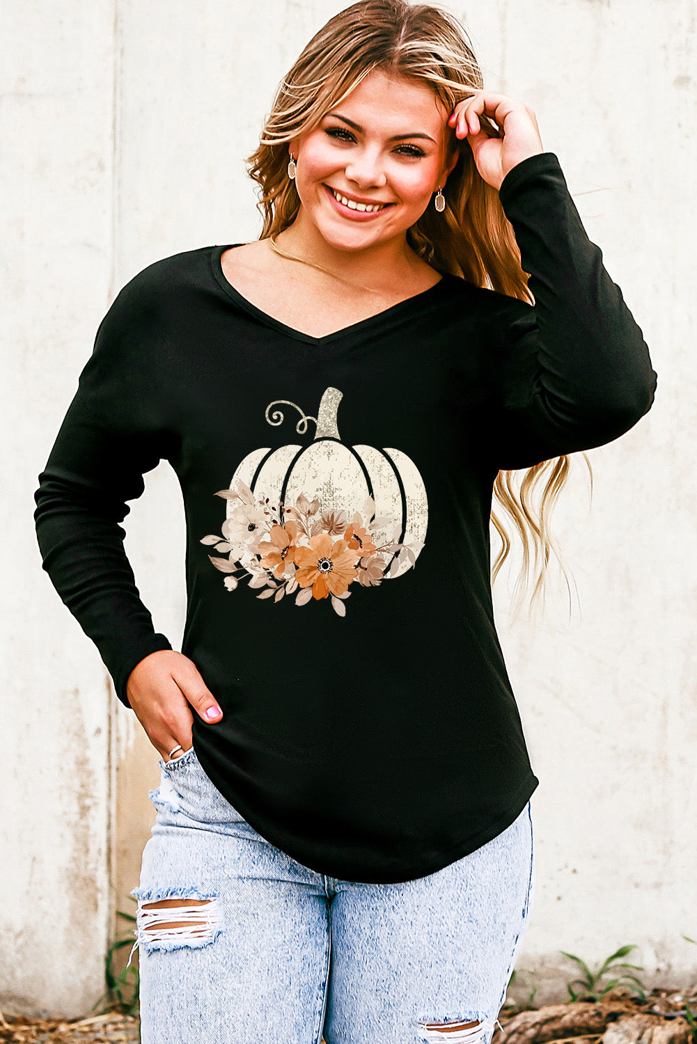 Black Flower Pumpkin Graphic Long Sleeve Top