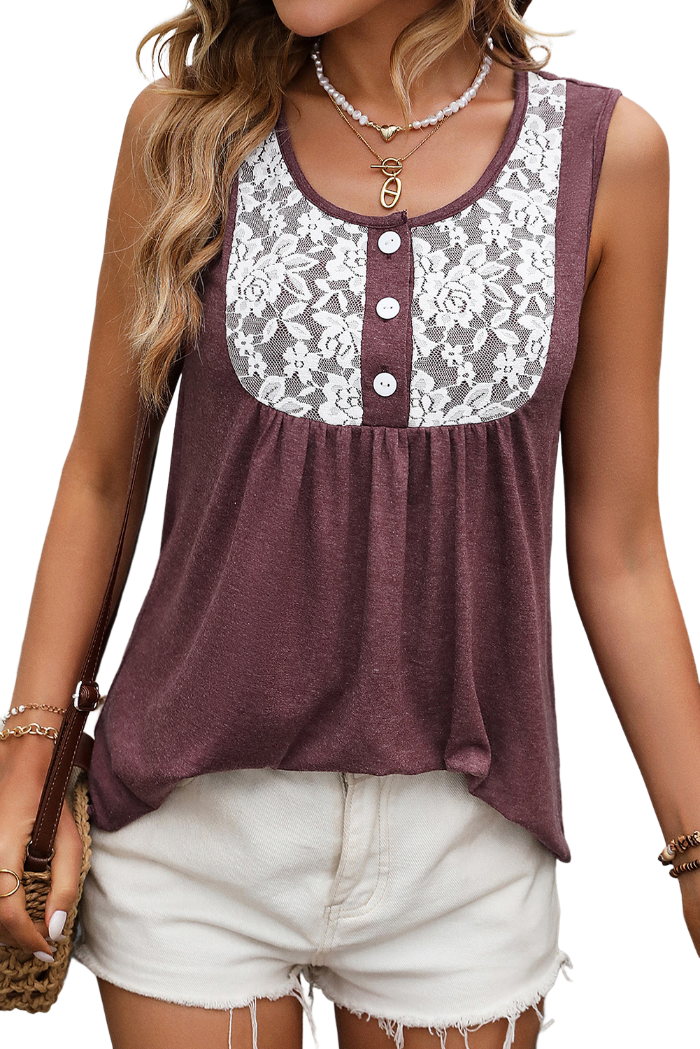 Red Casual Lace Button Neck Sleeveless Shirt