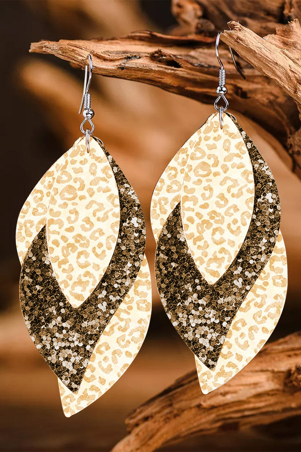 Leopard Sequin Leafy Layered Hook Earrings
