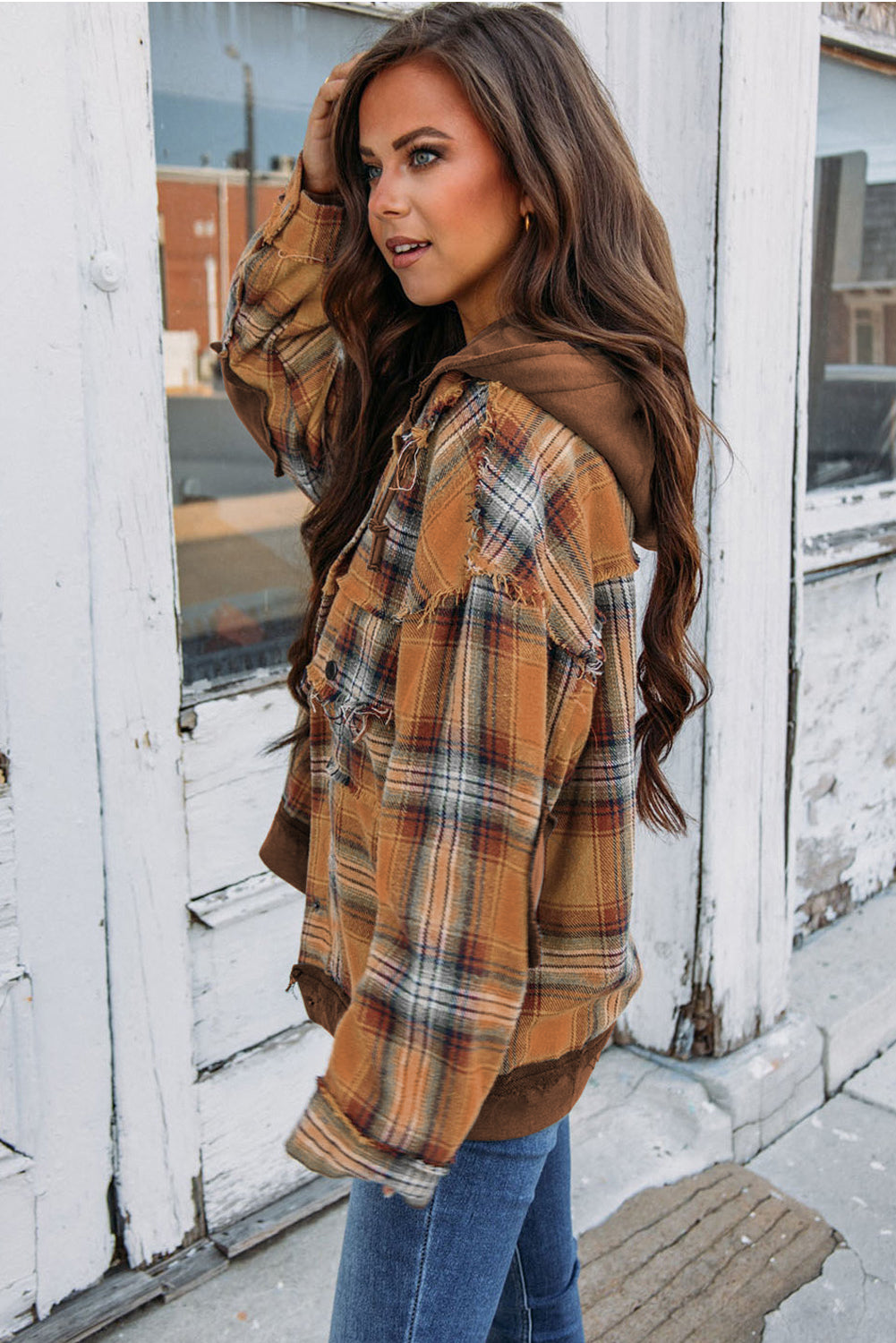 Orange Plaid Patch Hooded Frayed Snap Button Jacket