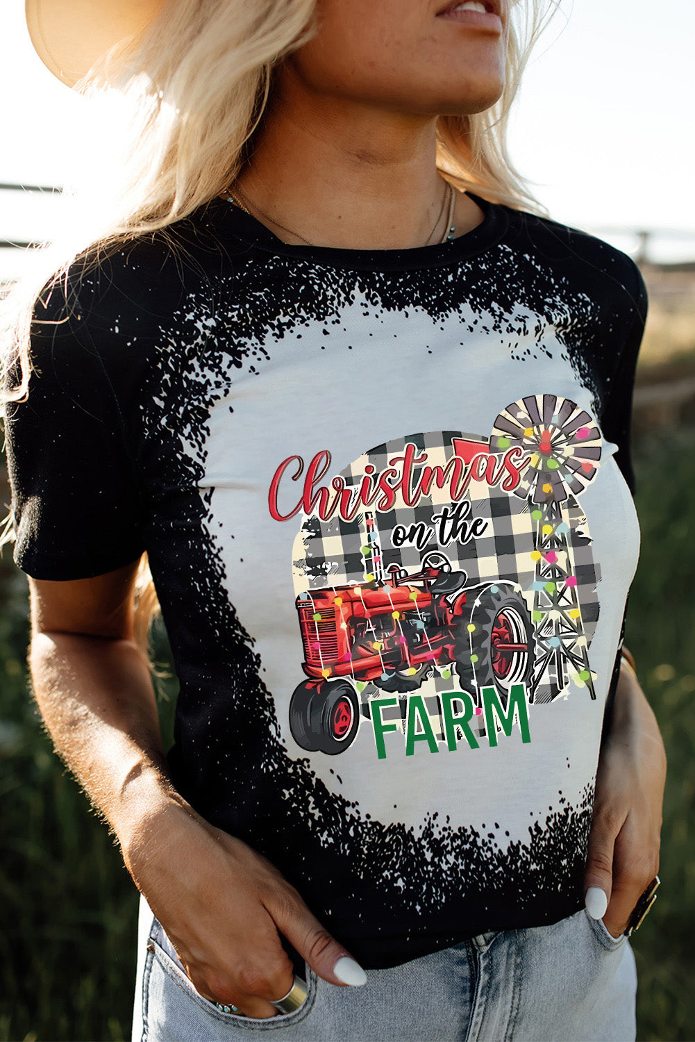Black Christmas Farm Graphic Bleached T-shirt