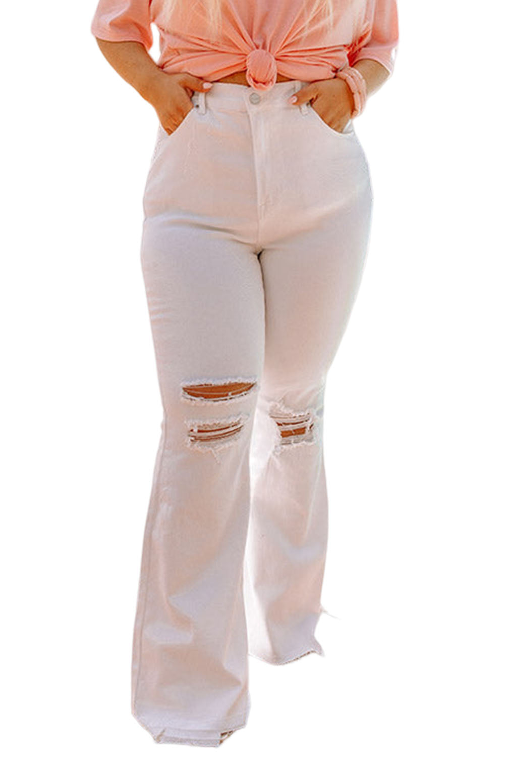 White Ripped Plus Size High Waisted Flare Jeans