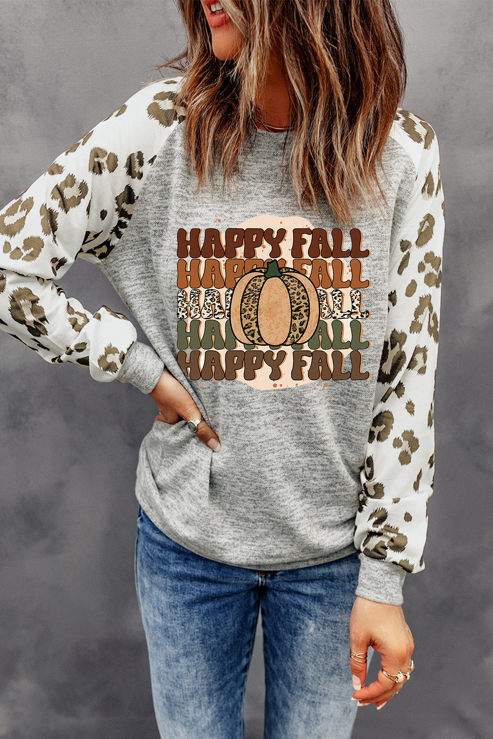 Gray Happy Fall Leopard Splicing Graphic Long Sleeve Top