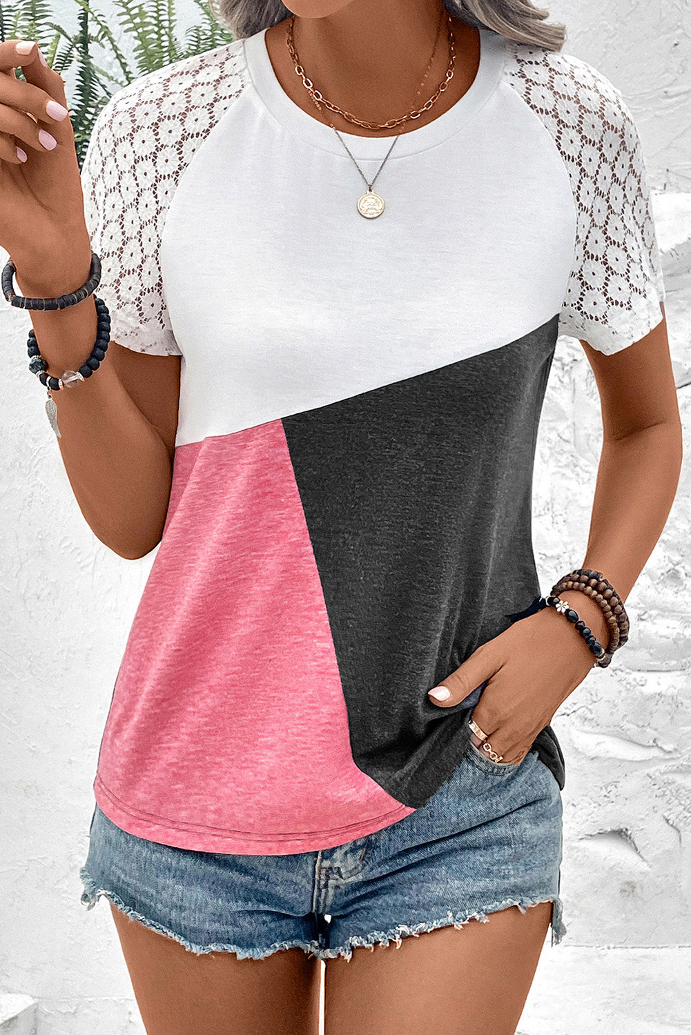 Gray Casual Patchwork Lace Sleeve T Shirt