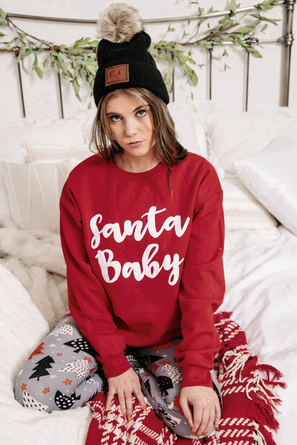 Red Santa Baby Print Crew Neck Pullover Graphic Sweatshirt