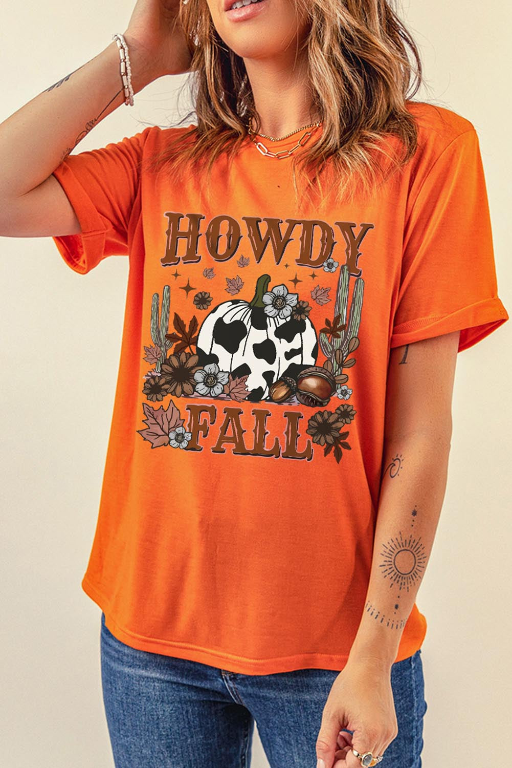 Orange HOWDY FALL Pumpkin Print Crewneck Graphic T Shirt
