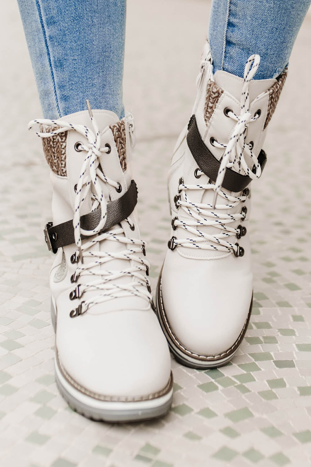 White Buckle Lace-up Zipped PU Leather Heeled Boots