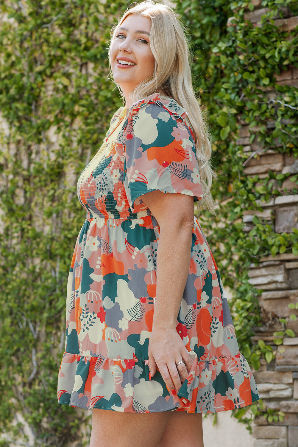 Multicolor Plus Size Shirred Mixed Print Ruffle Dress