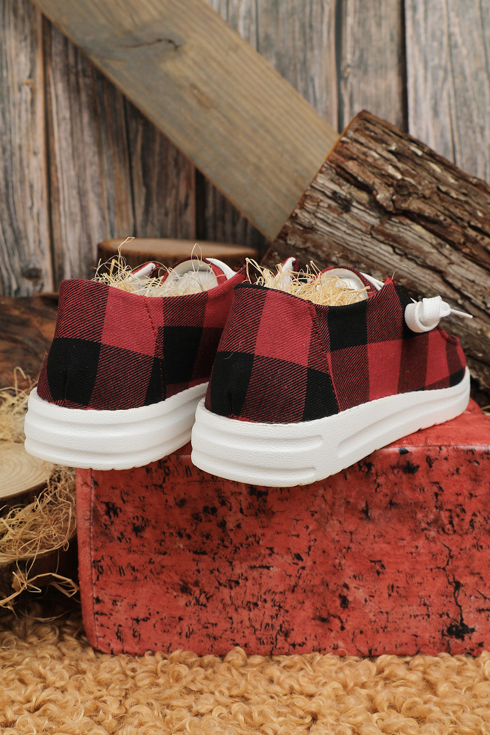 Red Casual Plaid Lace Up Flat Loafers