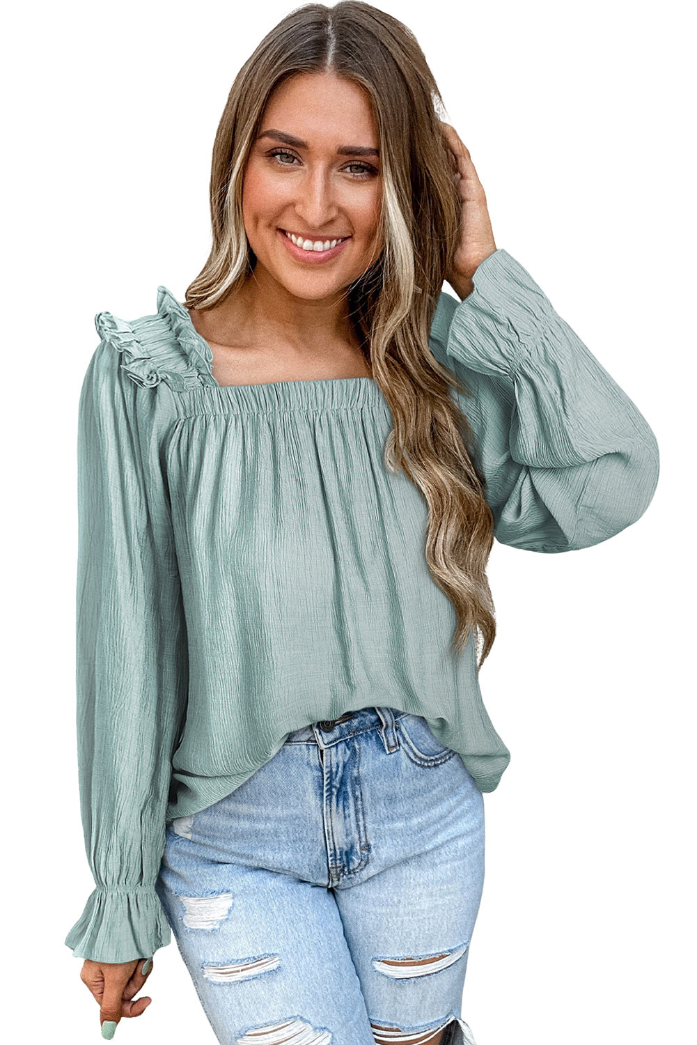 Green Ruffle Square Neck Pleated Long Sleeve Blouse