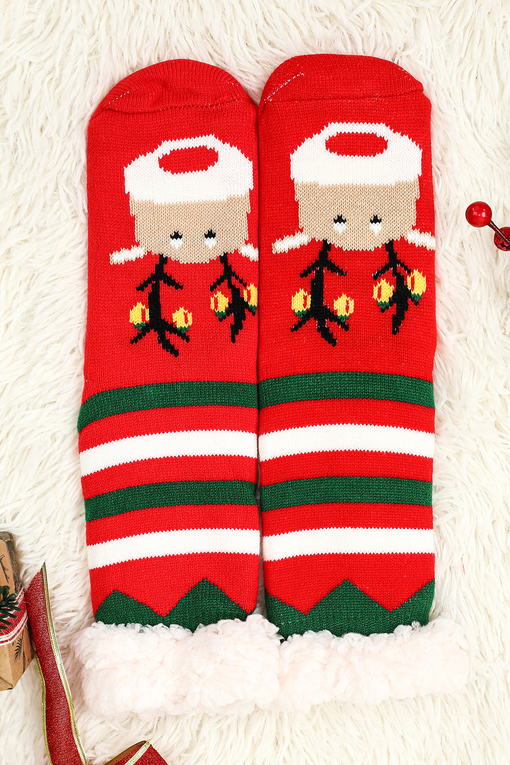 Fiery Red Christmas Cartoon Pattern Woolen Knit Socks