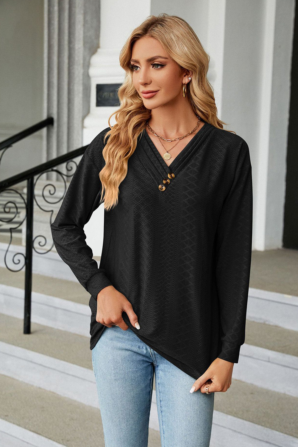 Black Casual Button V Neck Pleated Blouse