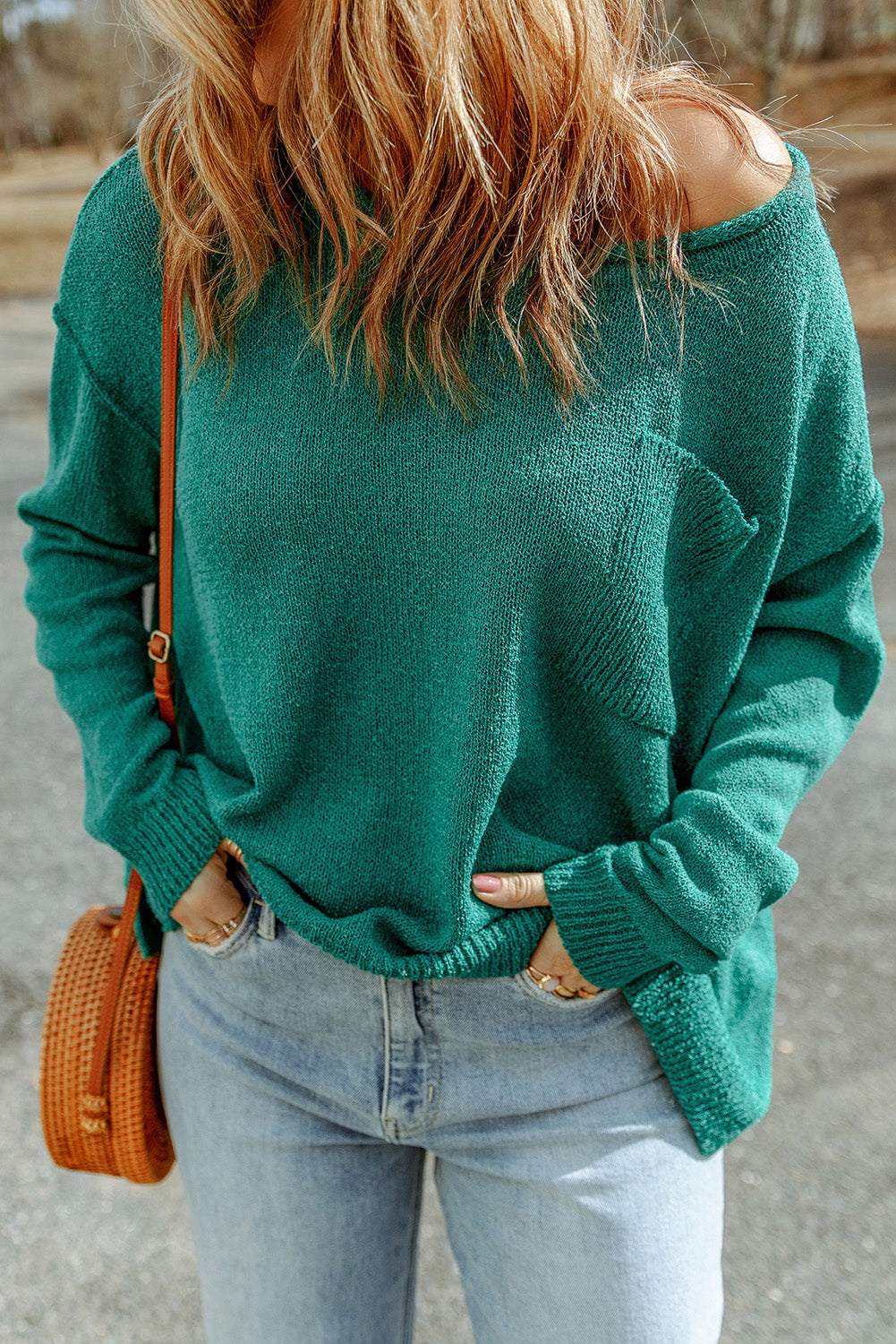 Green Solid Color Drop Shoulder Knitted Pullover Sweater