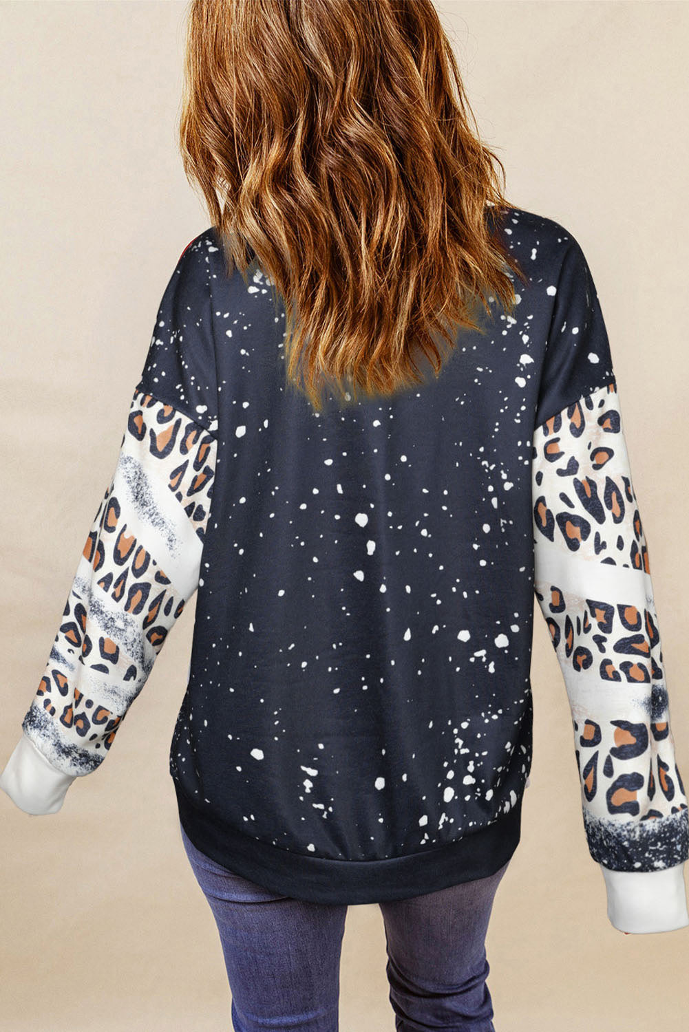 Black Christmas Slogan Leopard Color Block Crewneck Graphic Sweatshirt