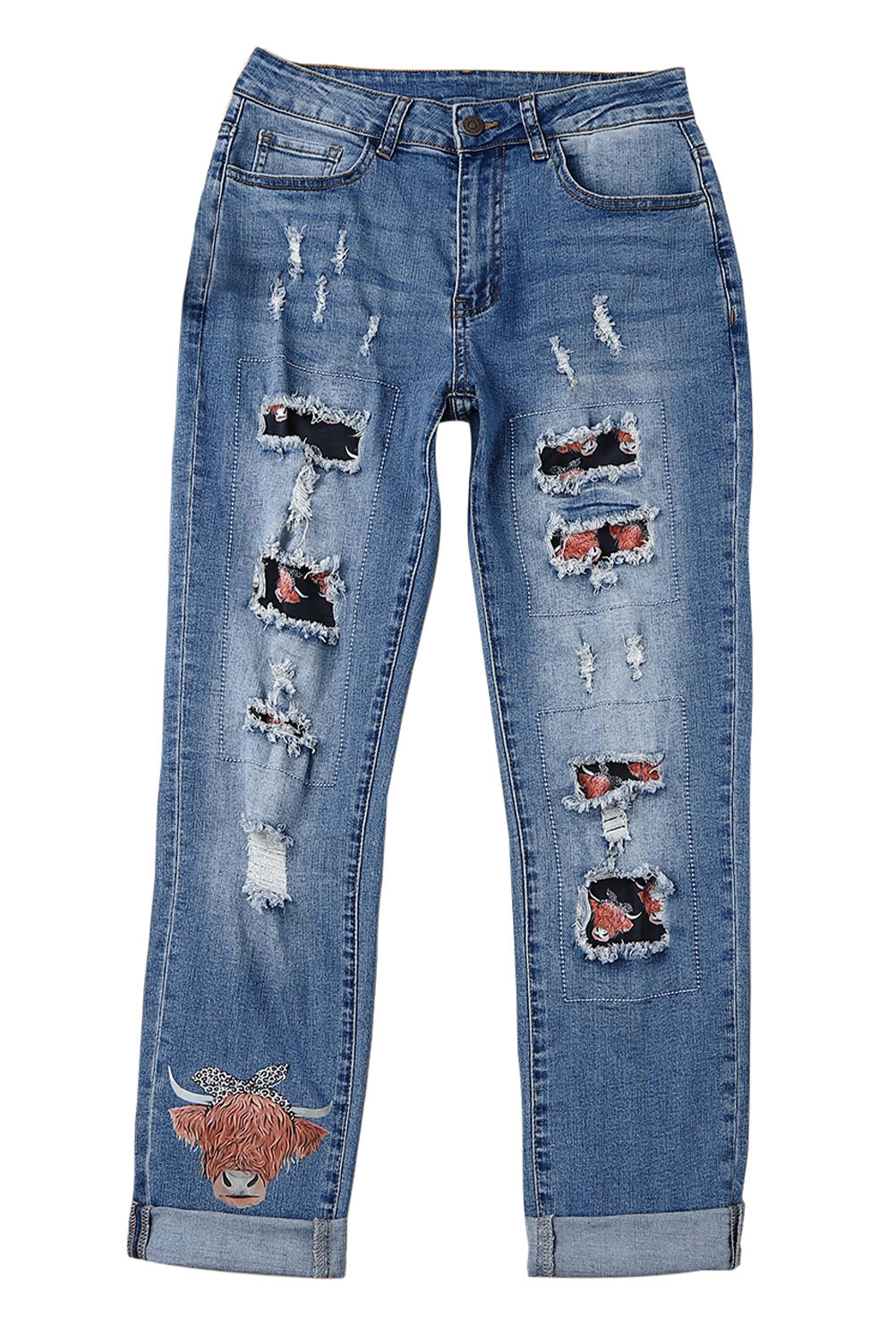 Blue Animal Print Ripped Straight Leg Graphic Jeans