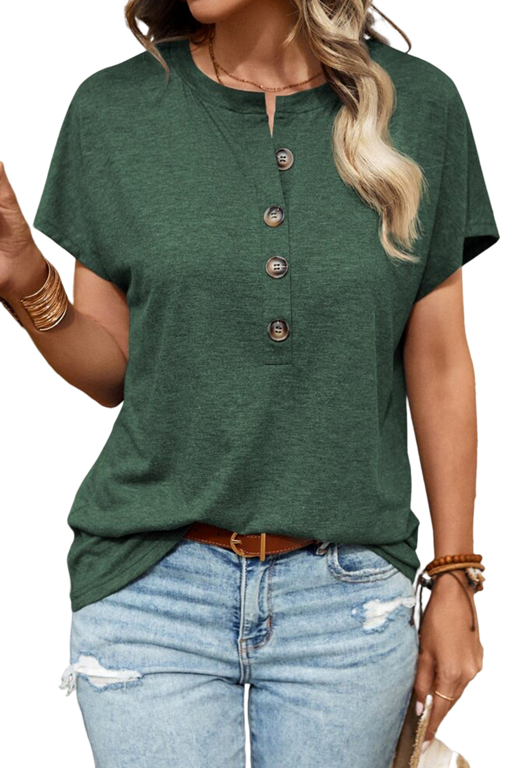 Green Basic Button Neck T Shirt