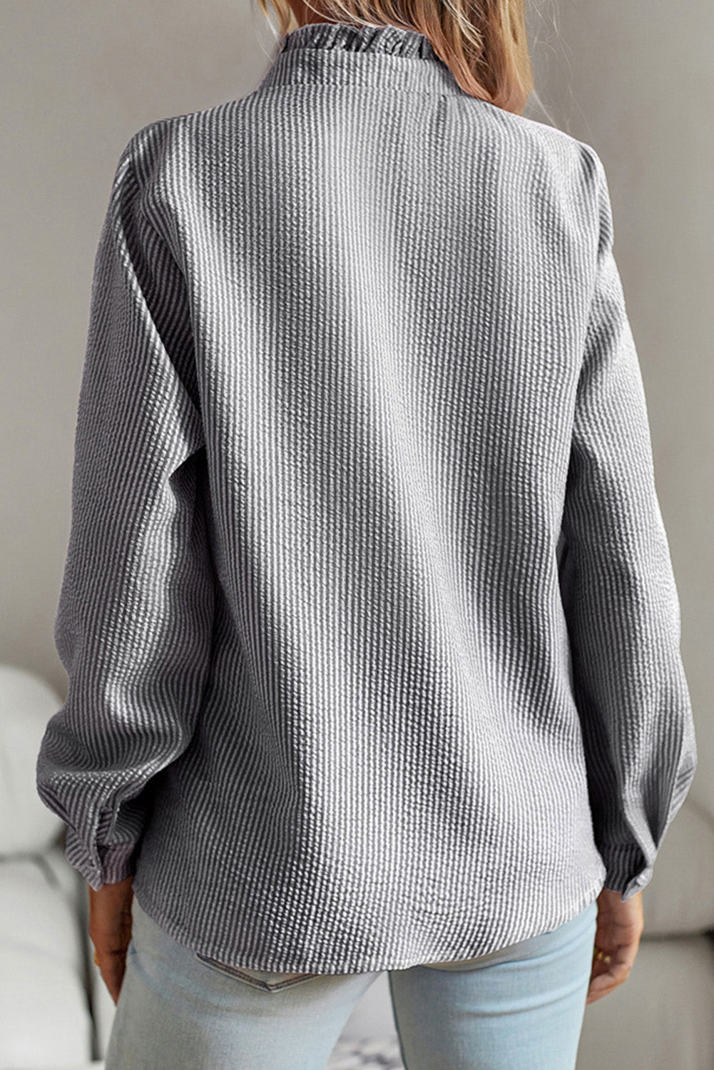 Gray Ruffled Trim Striped Print Textured Shirt