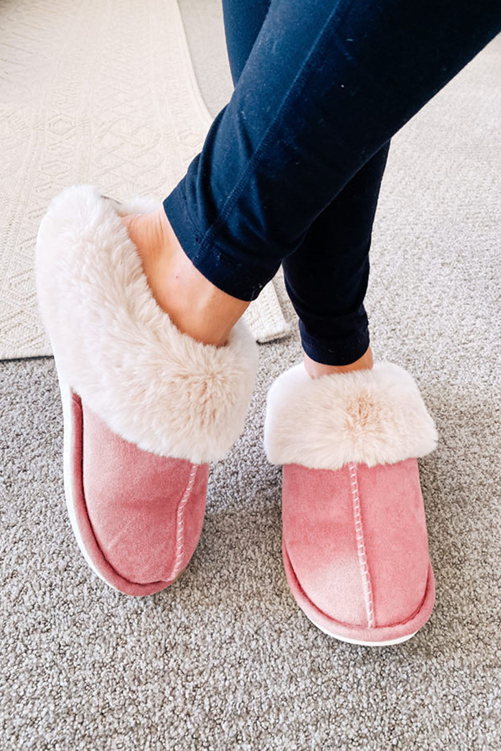 Pink Cut and Sew Faux Suede Plush Lined Slippers