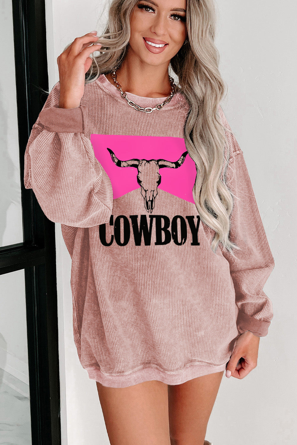 Pink Steer Head Cowboy Print Corded Pullover Graphic Sweatshirt