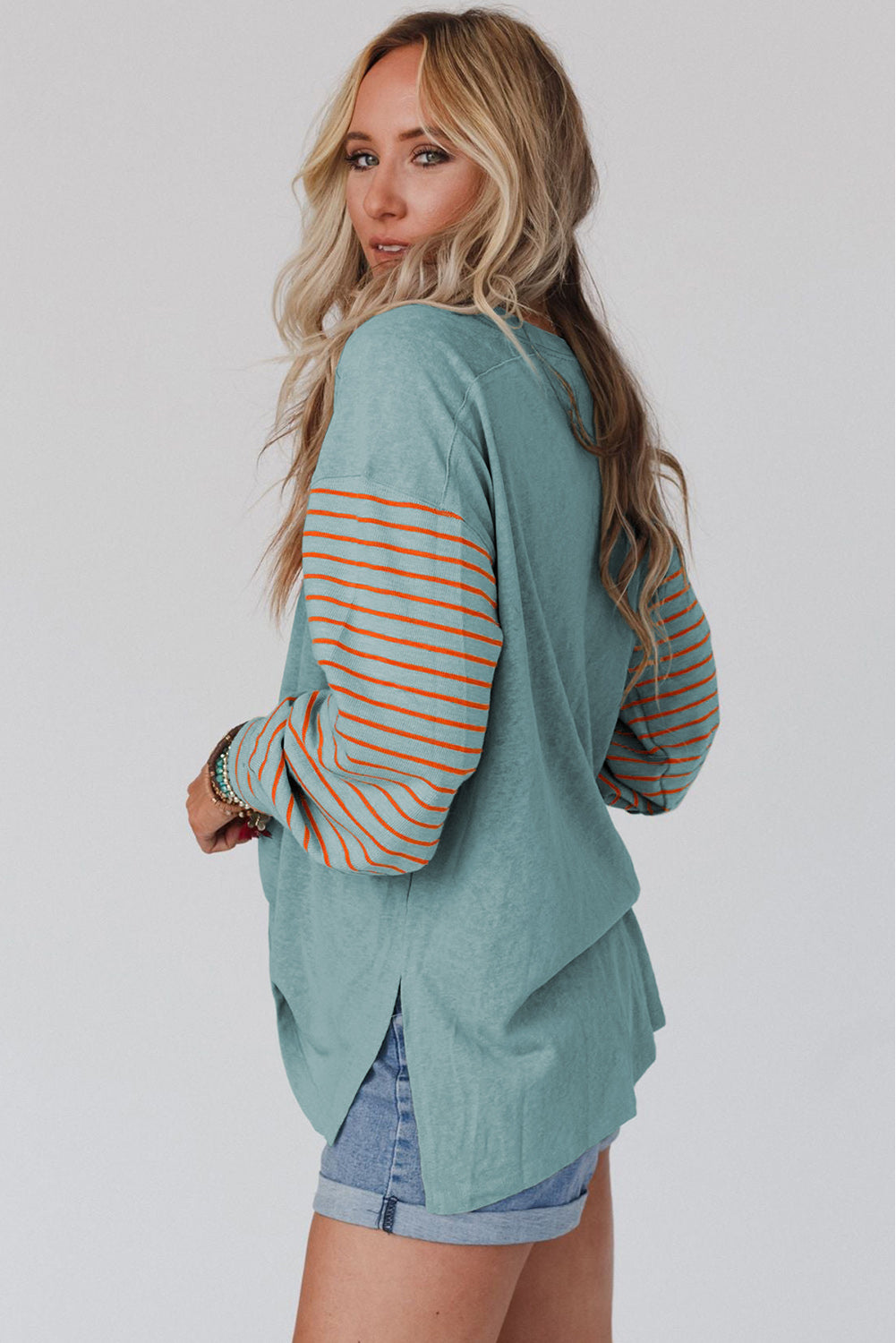 Green Colorblock Striped Bishop Sleeve Top with Side Slits