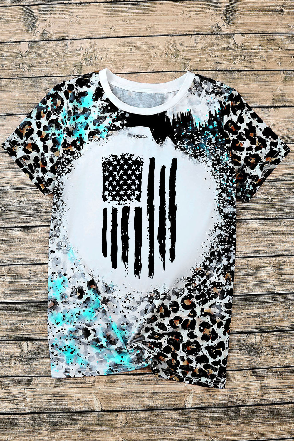 Leopard Retro Flag Graphic Bleached T Shirt