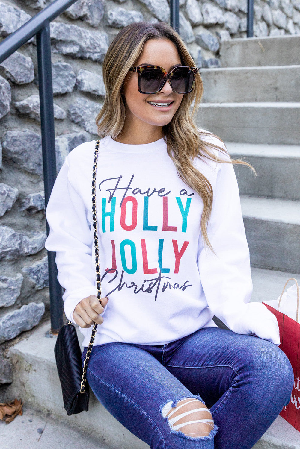 White Have a HOLLY JOLLY Christmas Graphic Pullover Sweatshirt