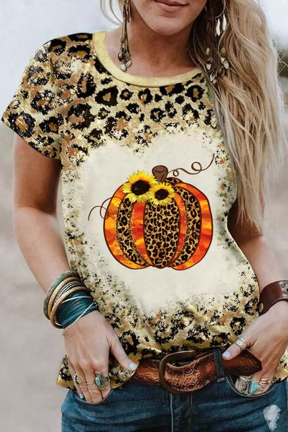 Leopard Pumpkin Graphic Print Bleached Tee