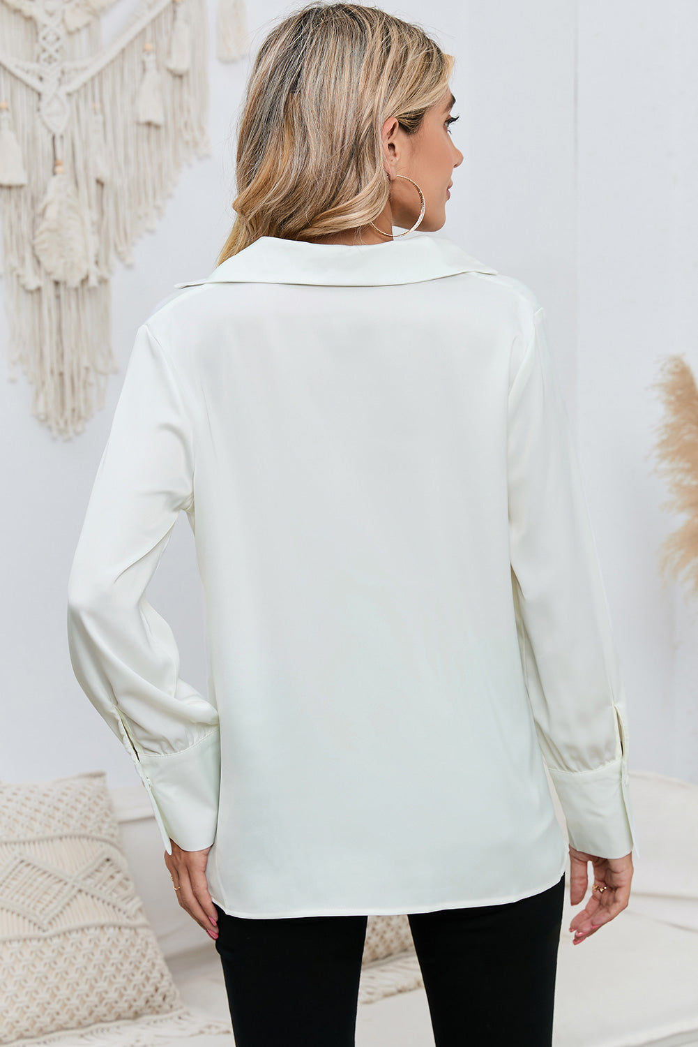 White Elegant Cowl Neck Long Sleeve Blouse