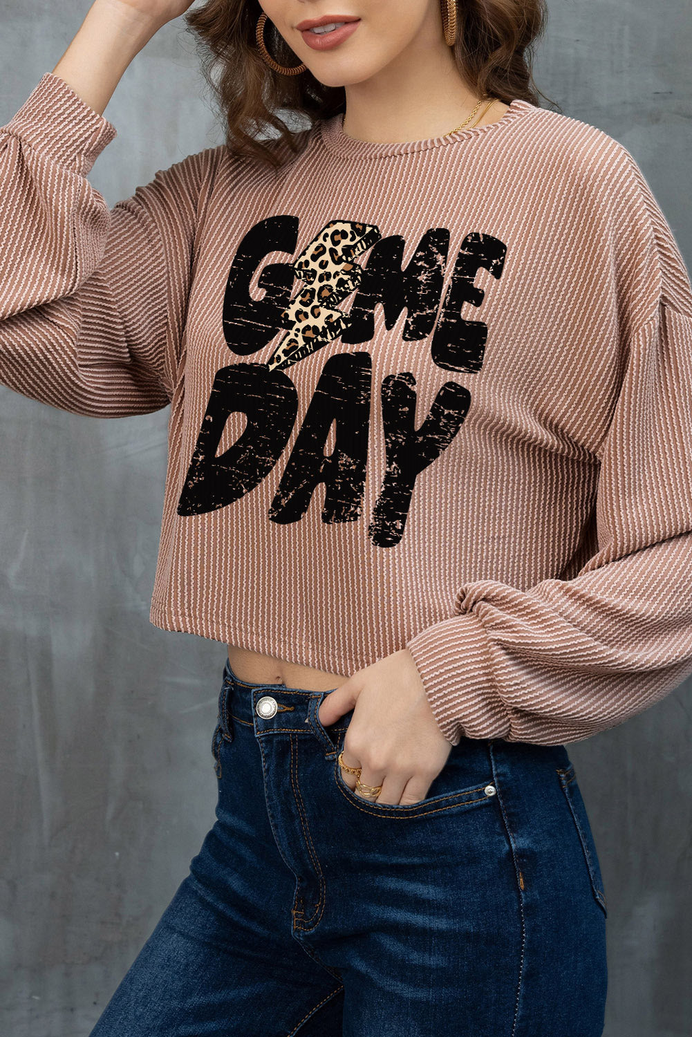 Khaki Game Day Graphic Crop Corded Knit Top