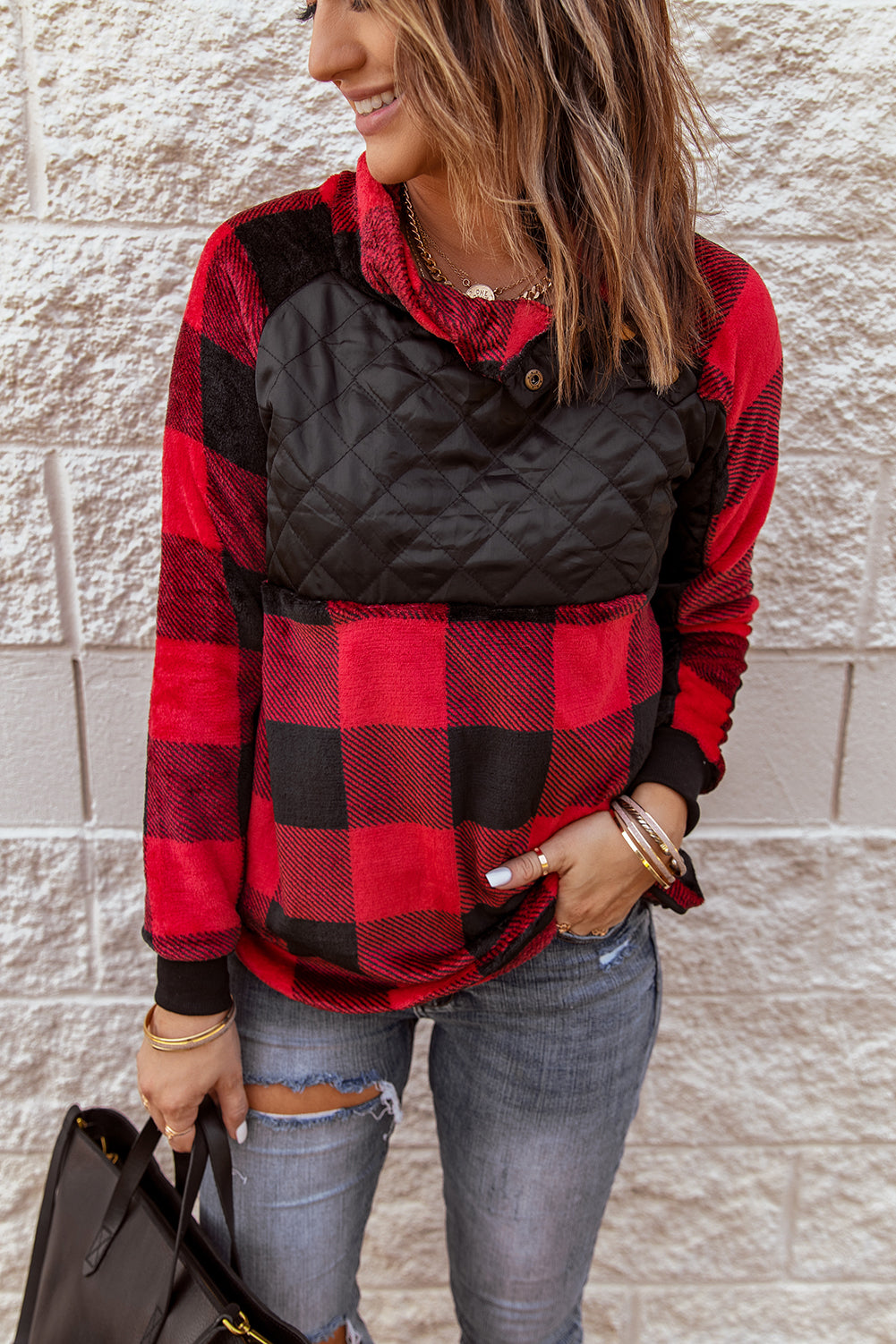 Red Plaid Patchwork Casual Button Quilted Sweatshirt