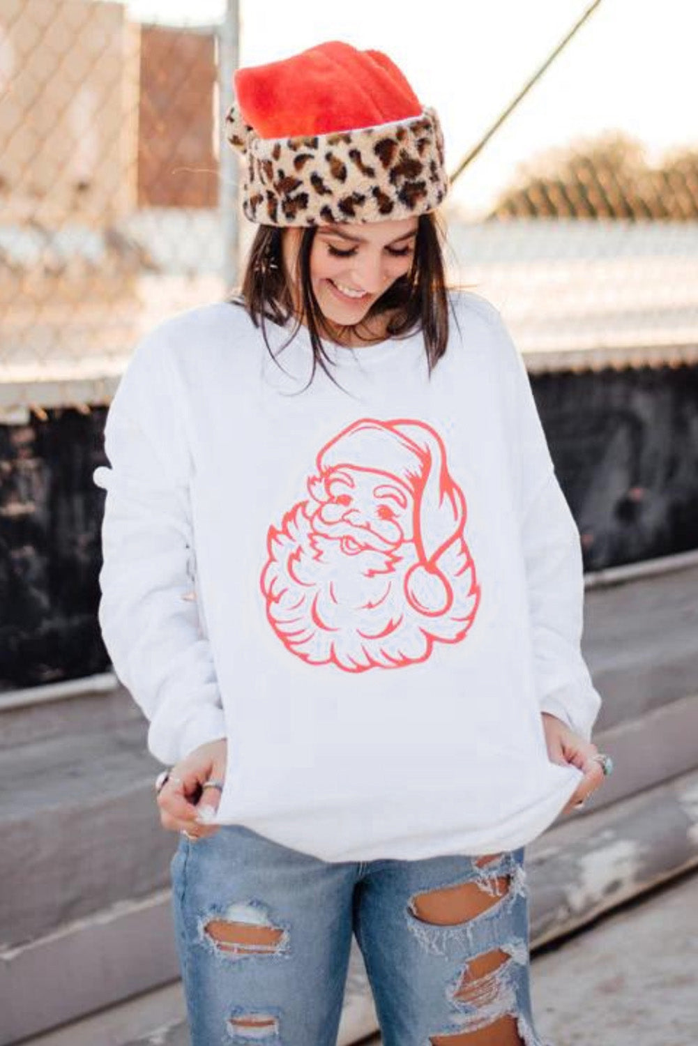 White Christmas Santa Claus Print Graphic Sweatshirt