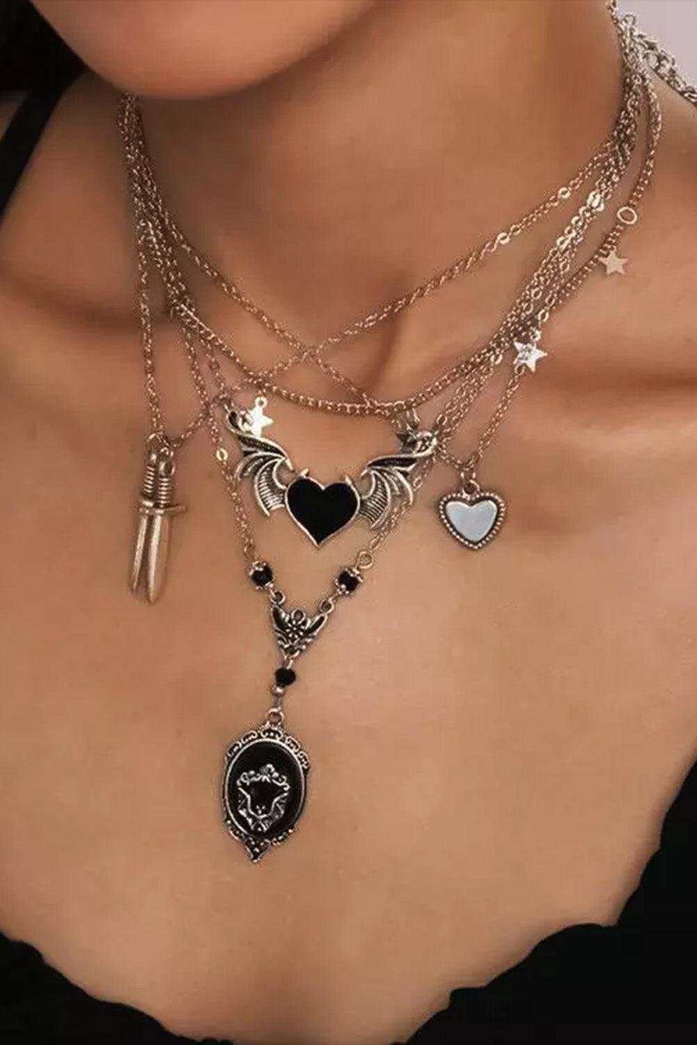 Silver 5Pcs Heart Star Gothic Pendant Necklace Set
