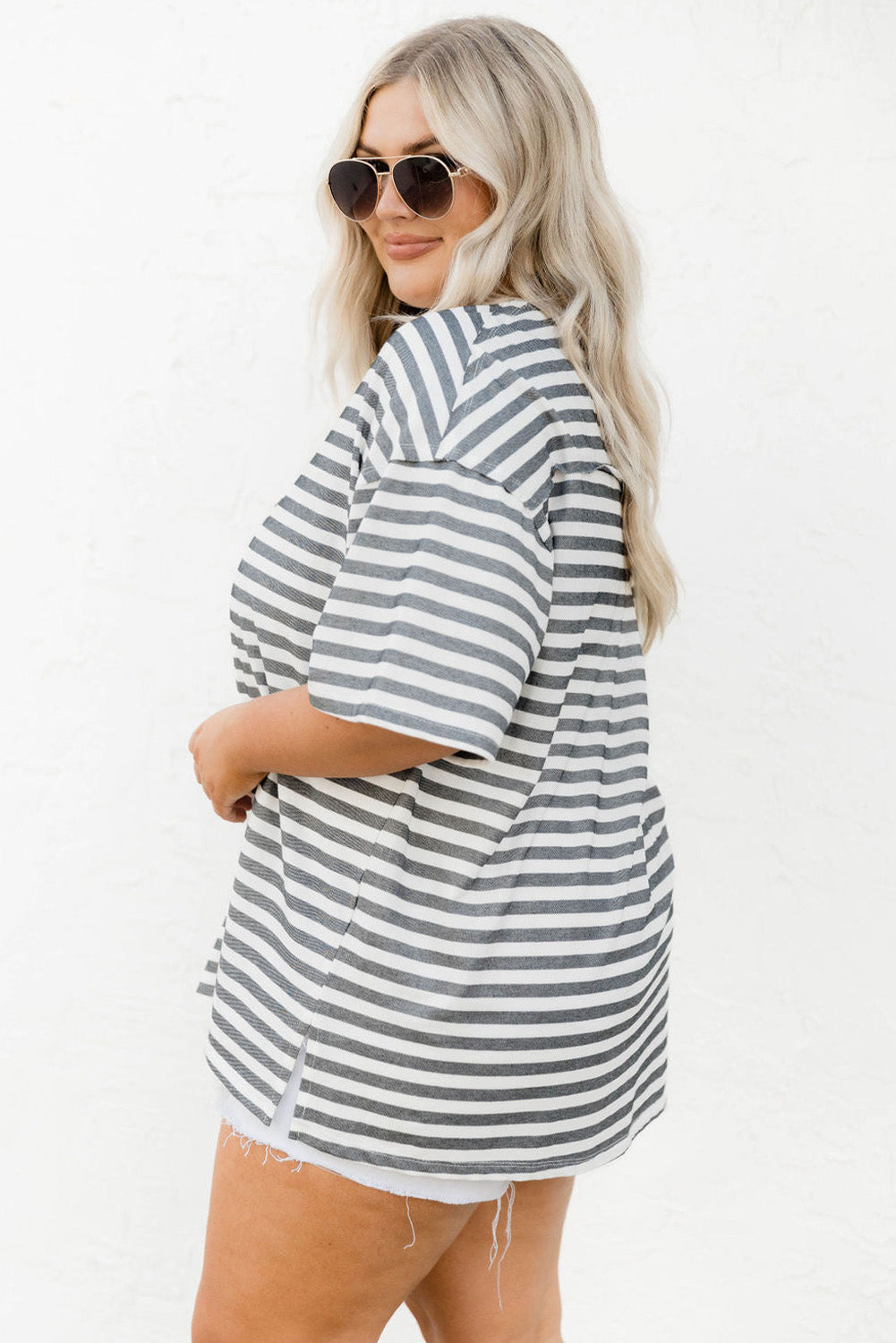 Striped Casual Plus Size Button Neck Henley Tee