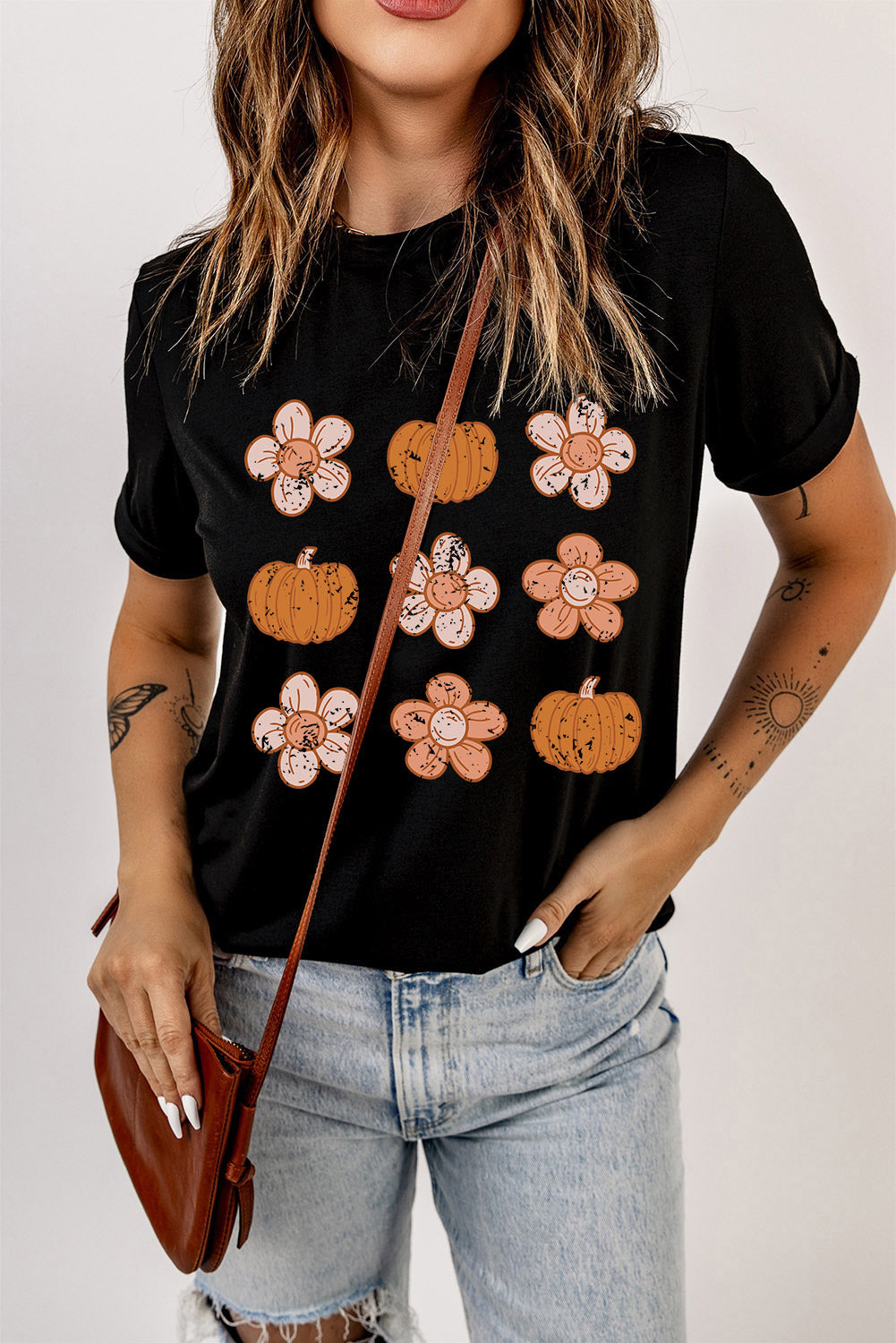 Black Pumpkin Flower Print Short Sleeve Graphic T Shirt