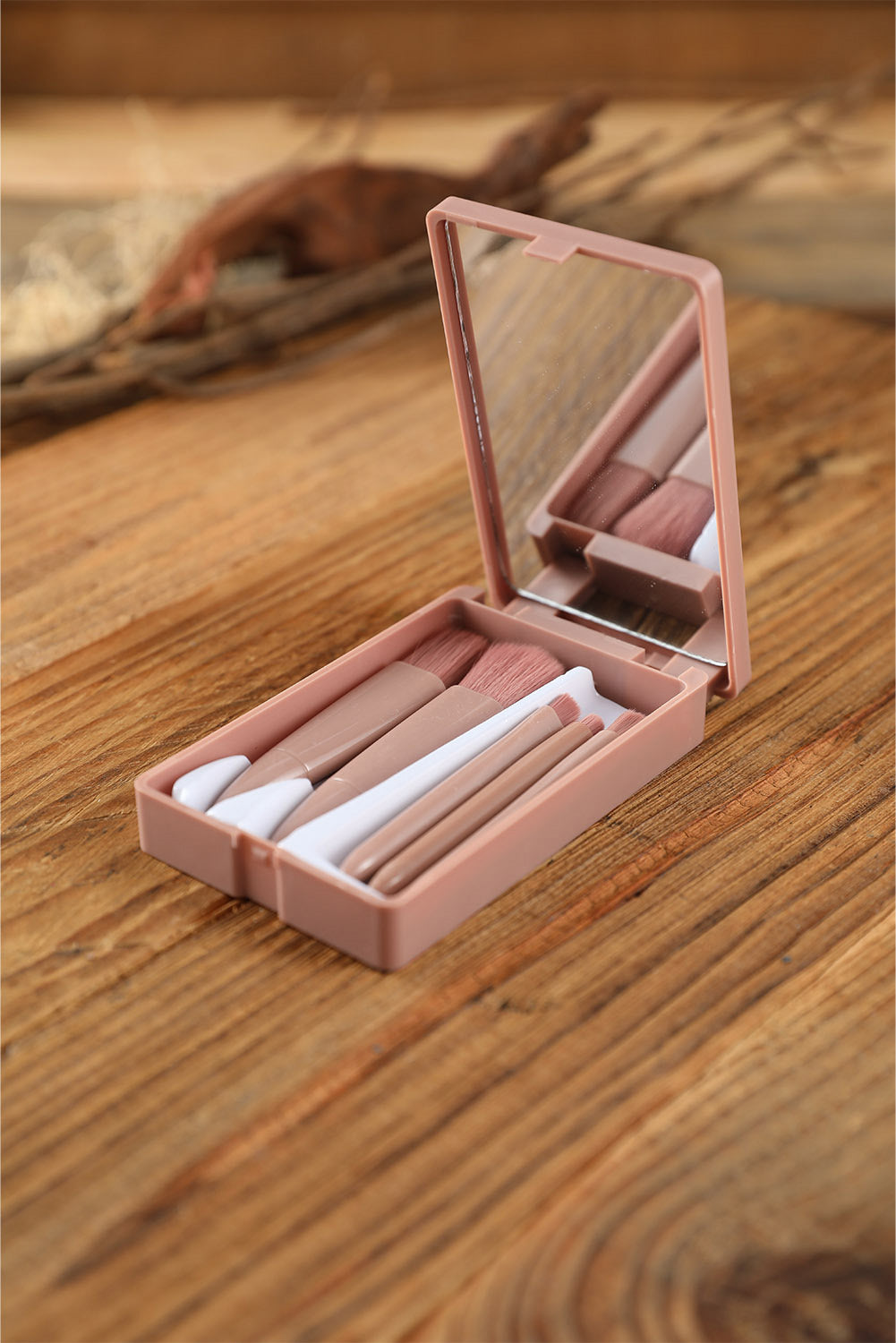 Pink 5Pcs Portable Makeup Brushes Set with Mirror