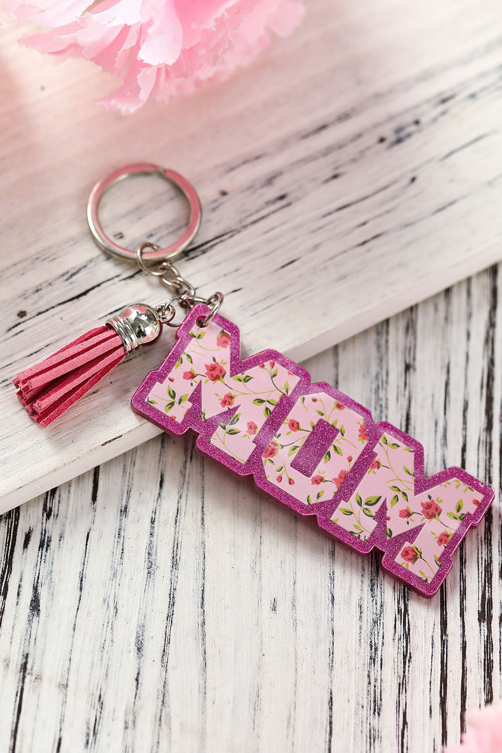Rose MOM Flower Tassel Acrylic Keychain