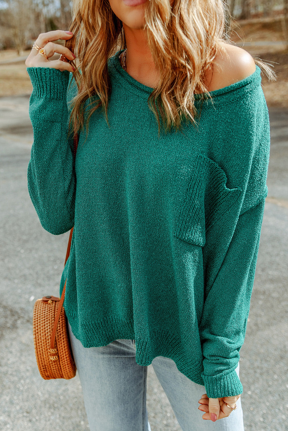 Green Solid Color Drop Shoulder Knitted Pullover Sweater