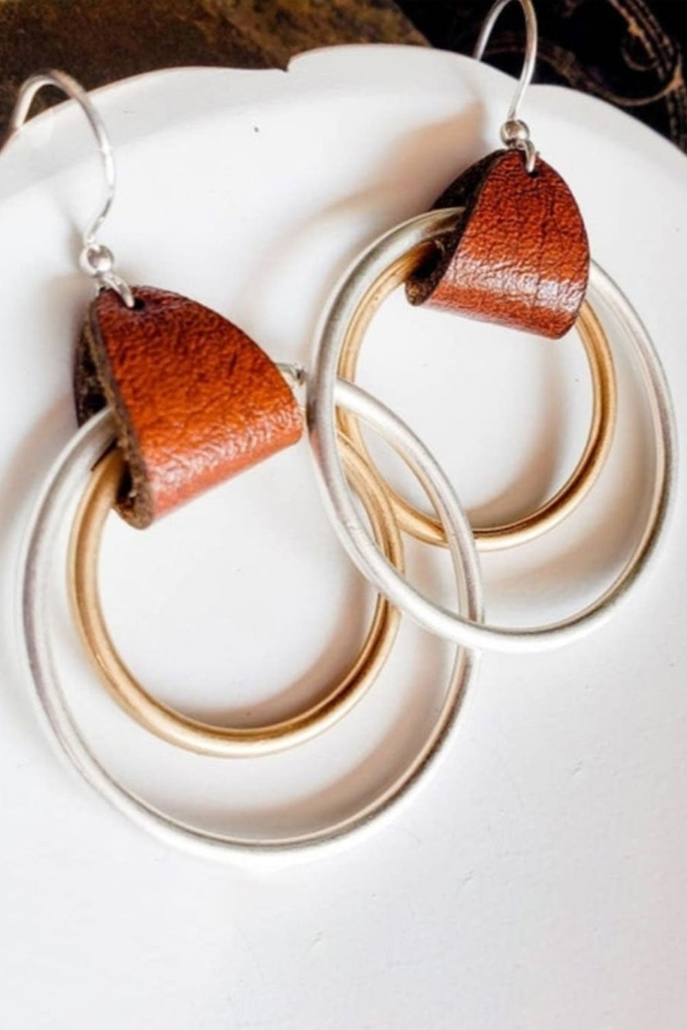 Silver Faux Leather Double Layered Circle Earrings