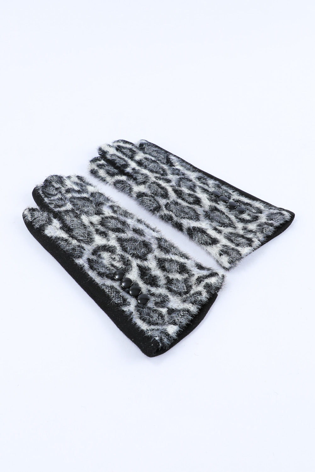 Black Studded Furry Leopard Gloves