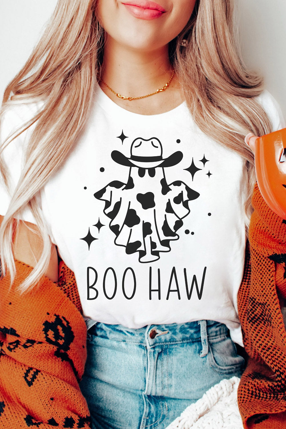 White Halloween BOO HAW Crew Neck Graphic Tee