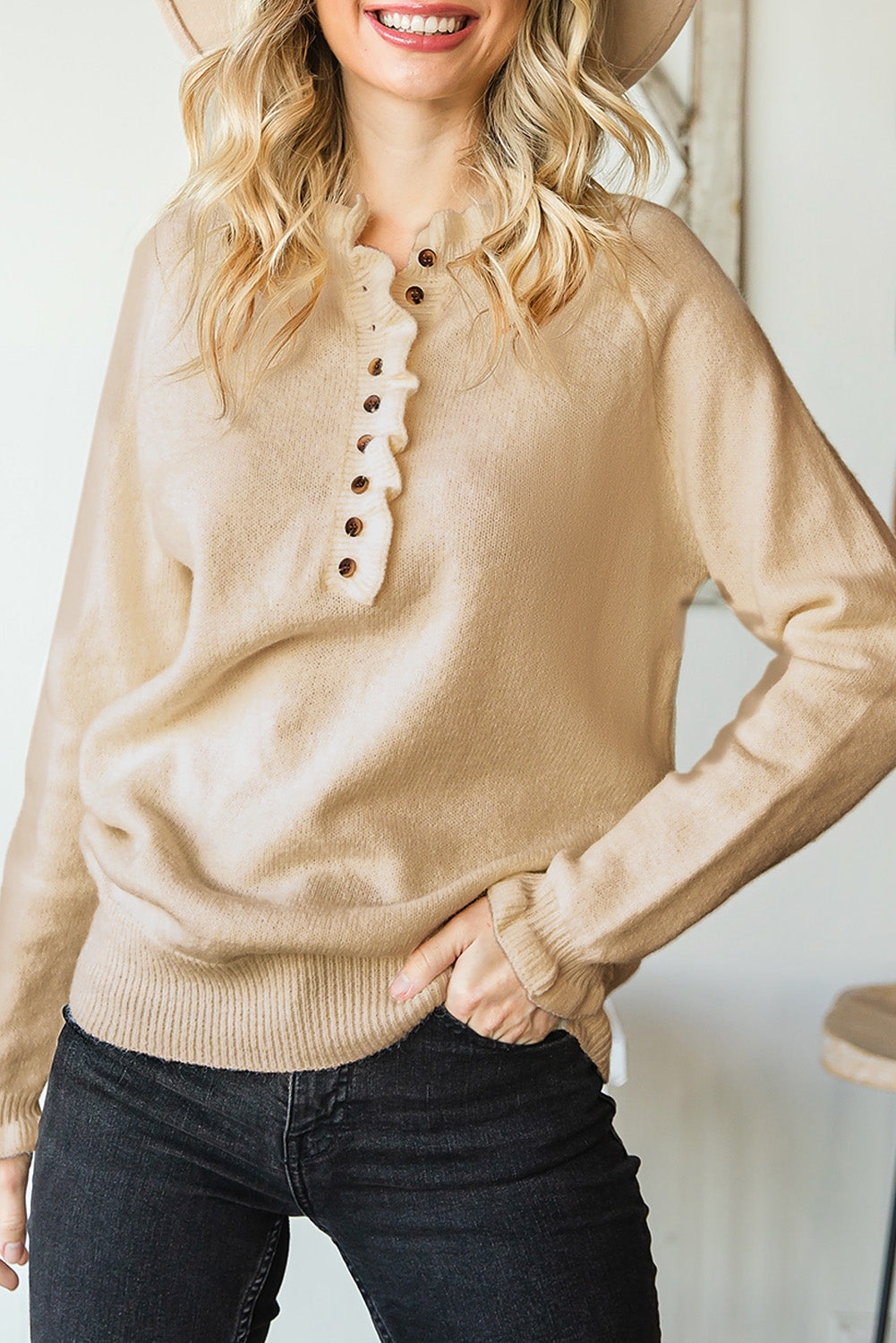 Beige Frill Trim Button Casual Knit Pullover Sweater