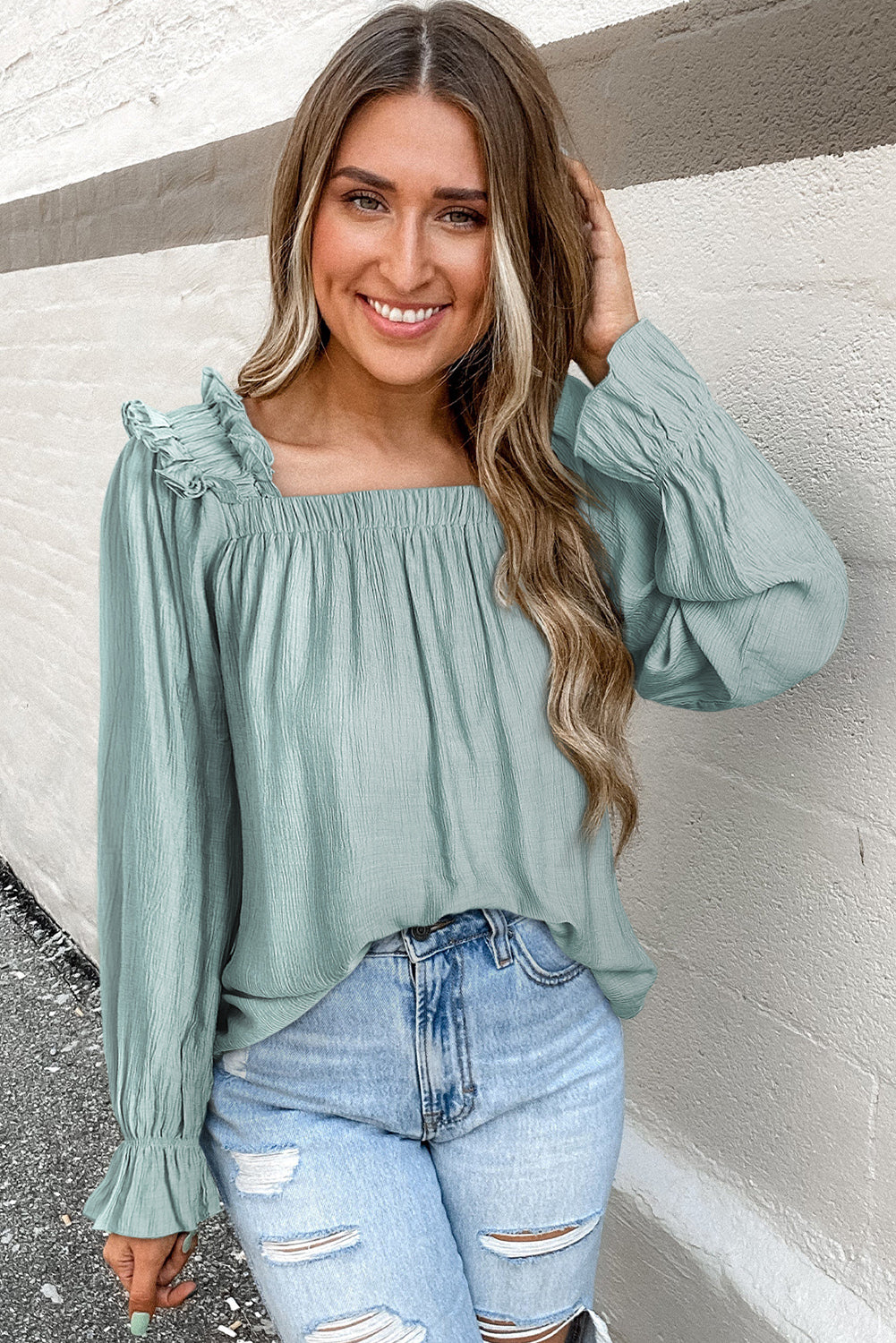 Green Ruffle Square Neck Pleated Long Sleeve Blouse