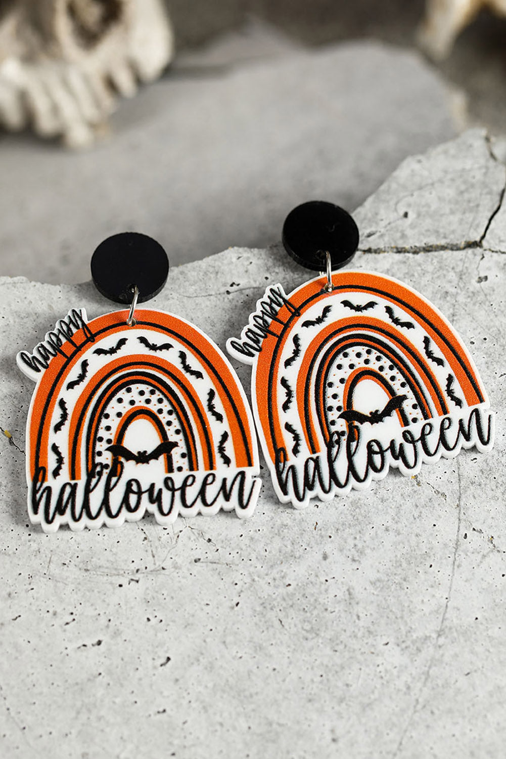Grapefruit Orange Happy Halloween Bats Printed Earrings