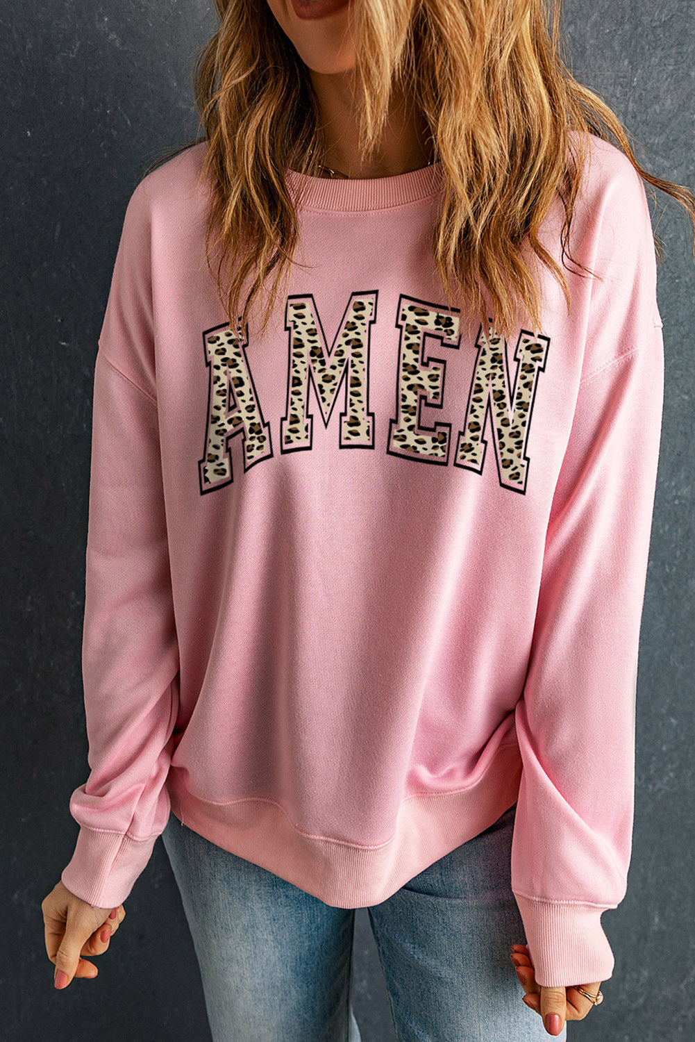 Pink Leopard AMEN Graphic Pullover Sweatshirt