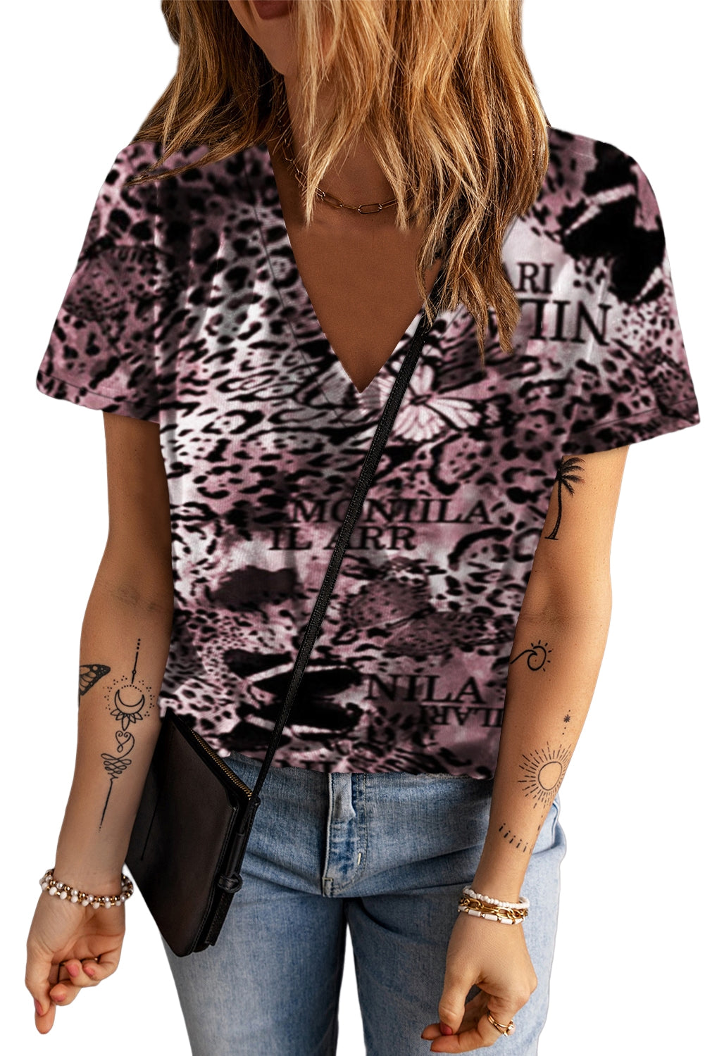 Black Butterflies &  Leopard Print V Neck T Shirt