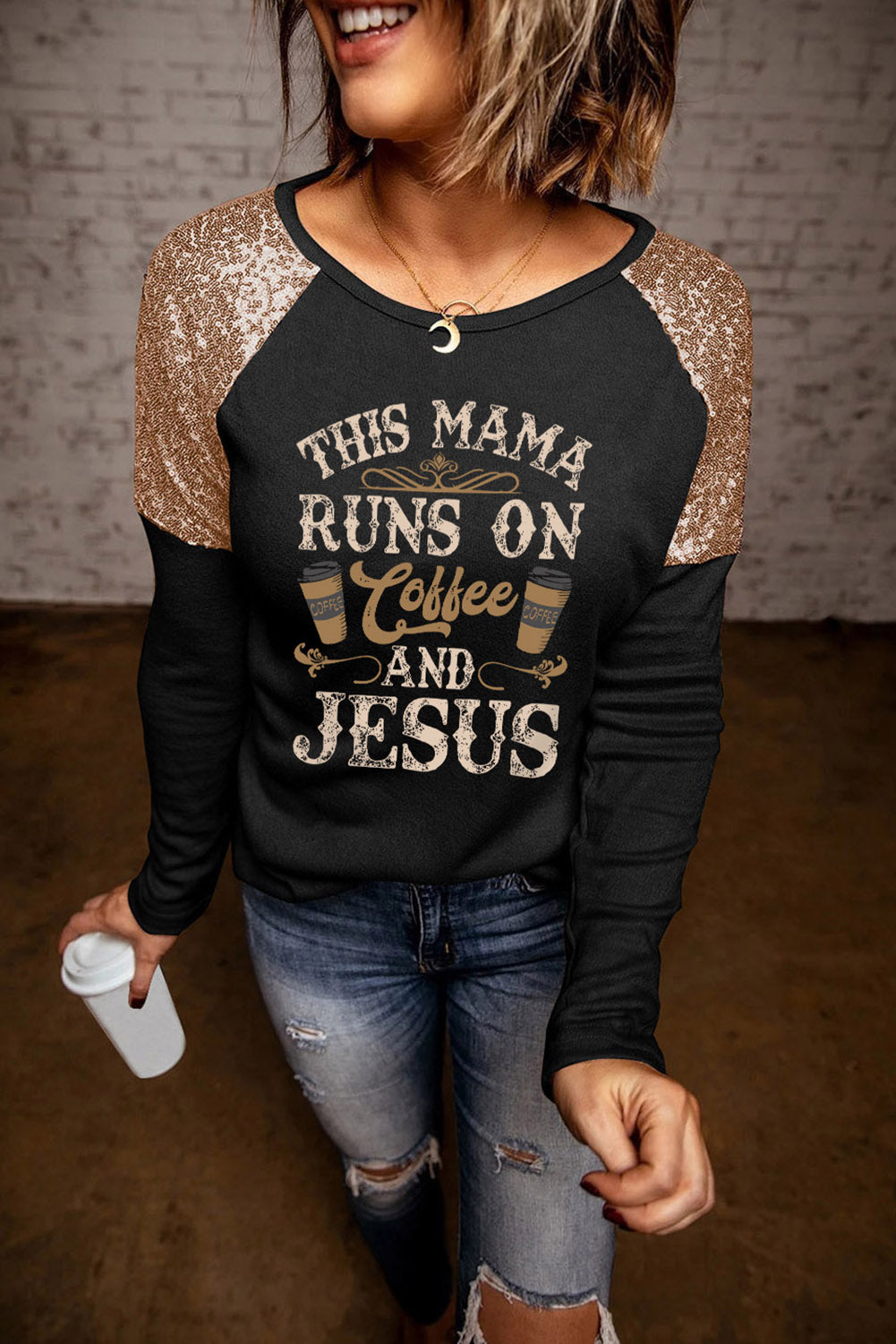 Black This Mama Runs On Coffee And Jesus Sequin Patched Top