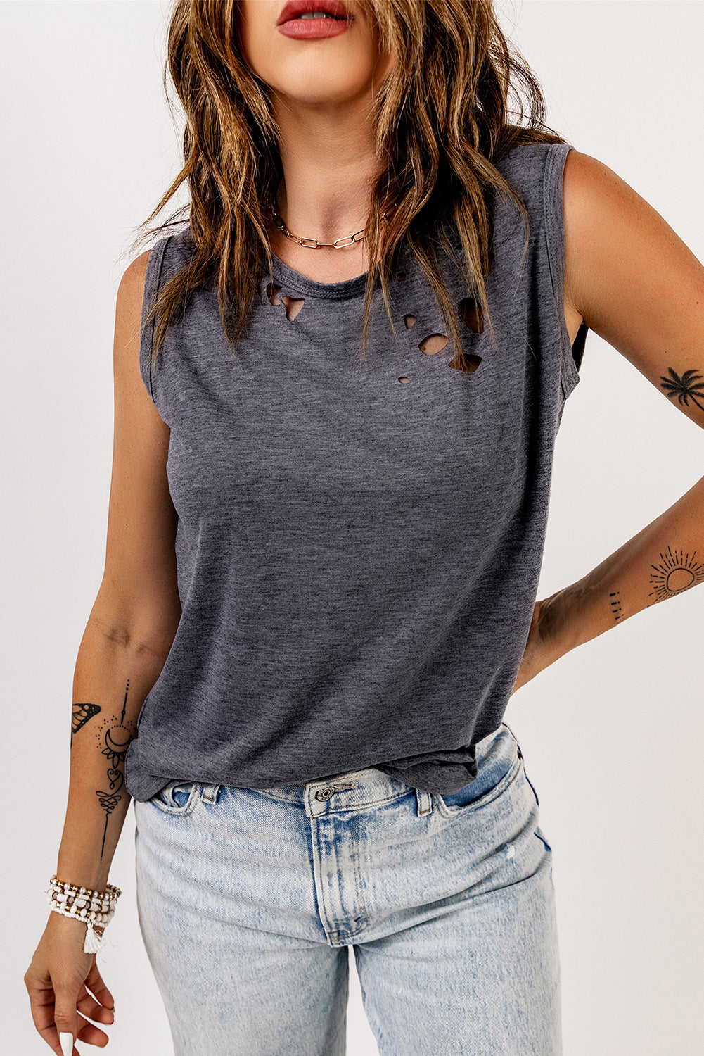 Grey Holed Detail Casual Crew Neck Tank Top